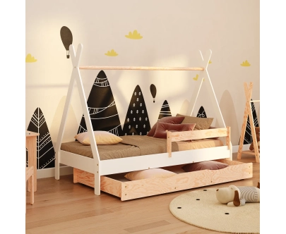 Hausbett für Kinder mit Schublade, Rausfallschutz und Lattenrost TIPI D Montessori Holz