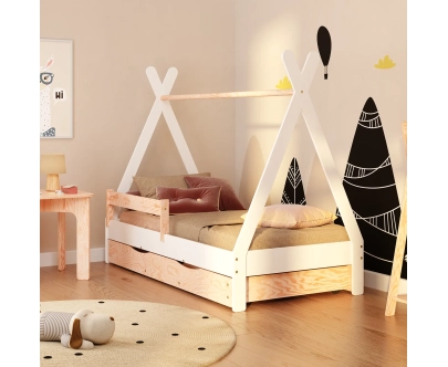 Hausbett für Kinder mit Schublade, Rausfallschutz und Lattenrost TIPI D Montessori Holz