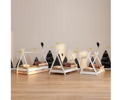 Hausbett für Kinder mit Schublade, Rausfallschutz und Lattenrost TIPI D Montessori Holz