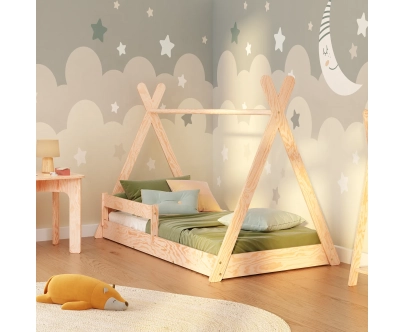 Hausbett für Kinder mit Rausfallschutz und Lattenrost TIPI F Montessori Holz