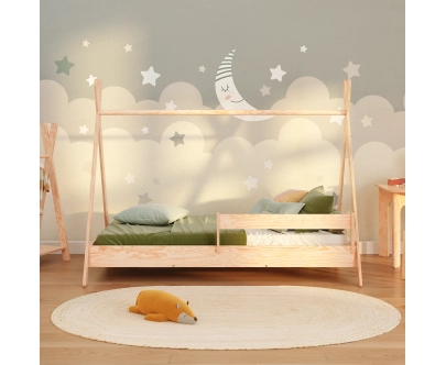 Hausbett für Kinder mit Rausfallschutz und Lattenrost TIPI Montessori Holz