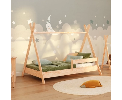 Hausbett für Kinder mit Rausfallschutz und Lattenrost TIPI Montessori Holz