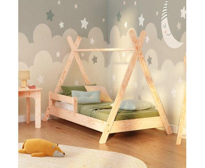 Hausbett für Kinder mit Rausfallschutz und Lattenrost TIPI Montessori Holz