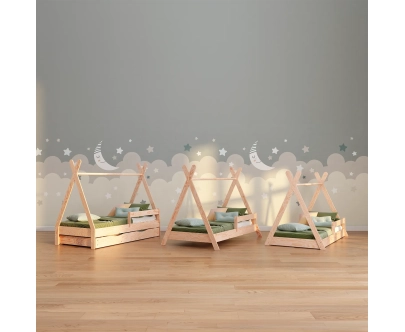 Hausbett für Kinder mit Rausfallschutz und Lattenrost TIPI Montessori Holz