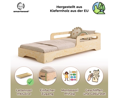 Einzelbett für Kinder mit Rausfallschutz und Lattenrost TILA 3 Montessori Holz