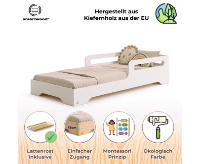 Einzelbett für Kinder mit Rausfallschutz und Lattenrost TILA 3 Montessori Holz
