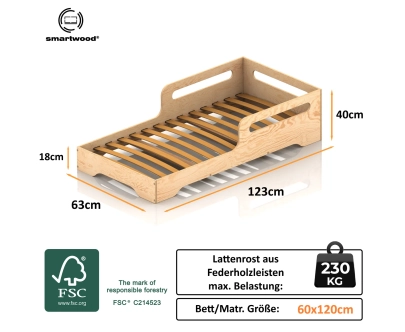 Einzelbett für Kinder mit Rausfallschutz und Lattenrost TILA 3 Montessori Holz