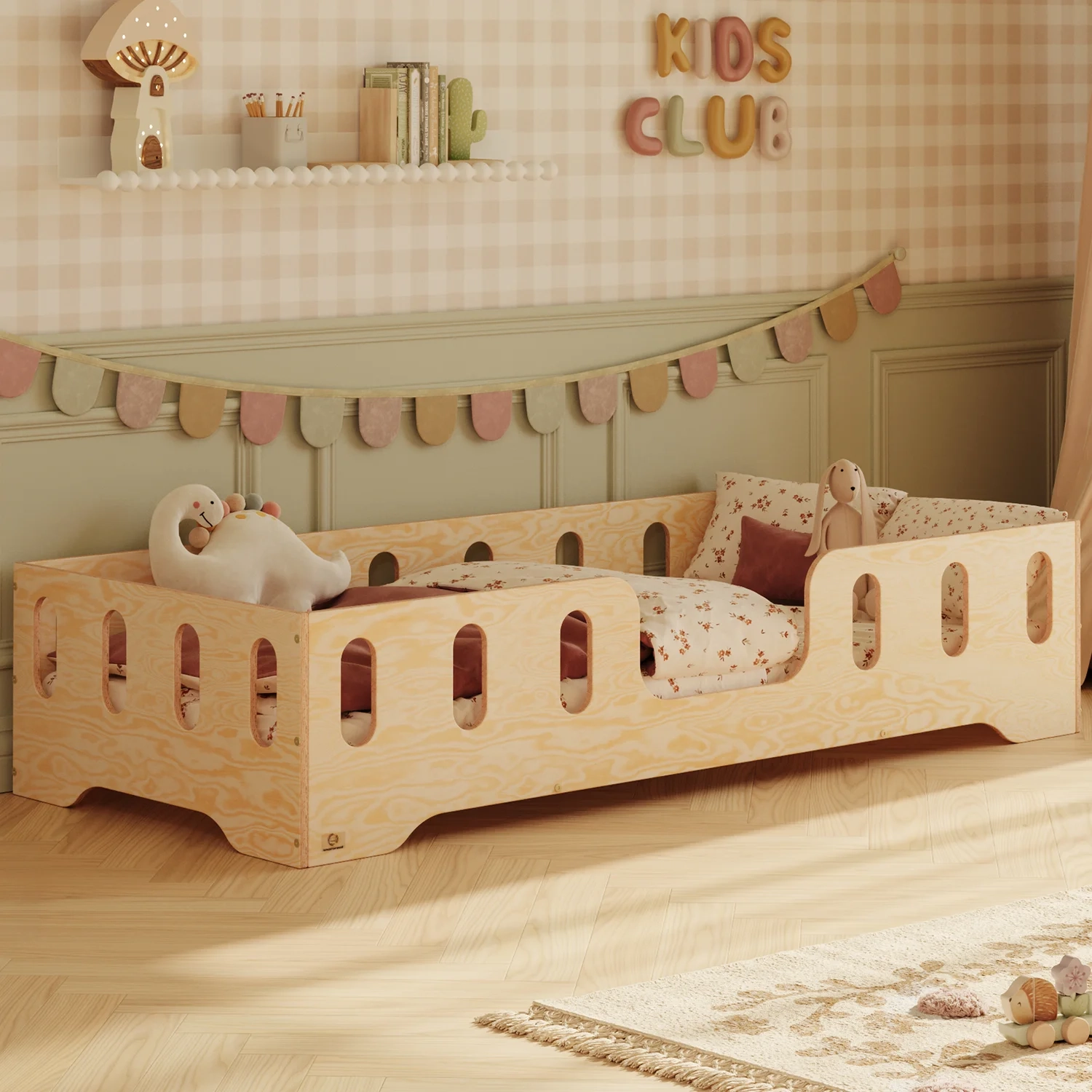 Einzelbett für Kinder mit Rausfallschutz und Lattenrost TILA 2 Montessori Holz, - Naturholz, 70x140 | Smartwood
