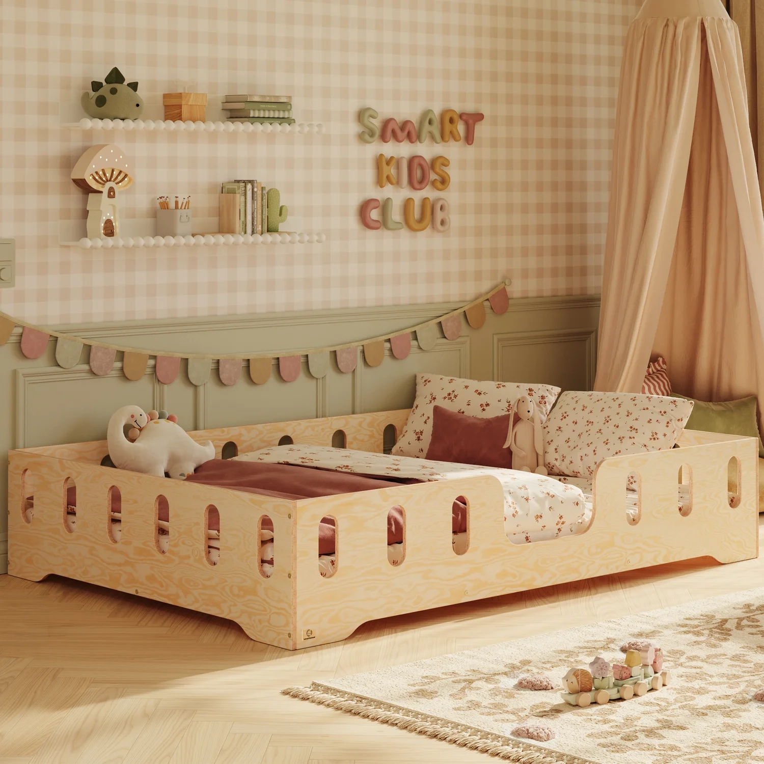 Einzelbett für Kinder mit Rausfallschutz und Lattenrost TILA 2 Montessori Holz, - Naturholz, 120x200 XL | Smartwood