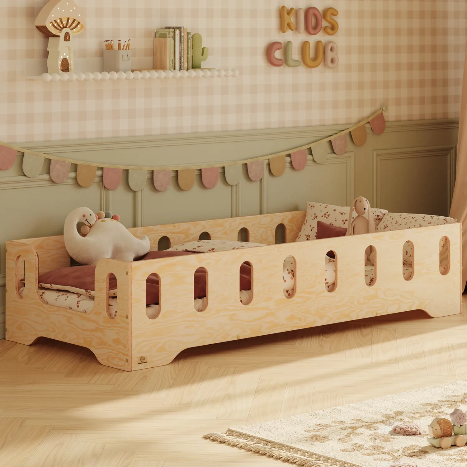 Einzelbett für Kinder mit Rausfallschutz und Lattenrost TILA 2 Montessori Holz, - Naturholz, 60x120 | Smartwood