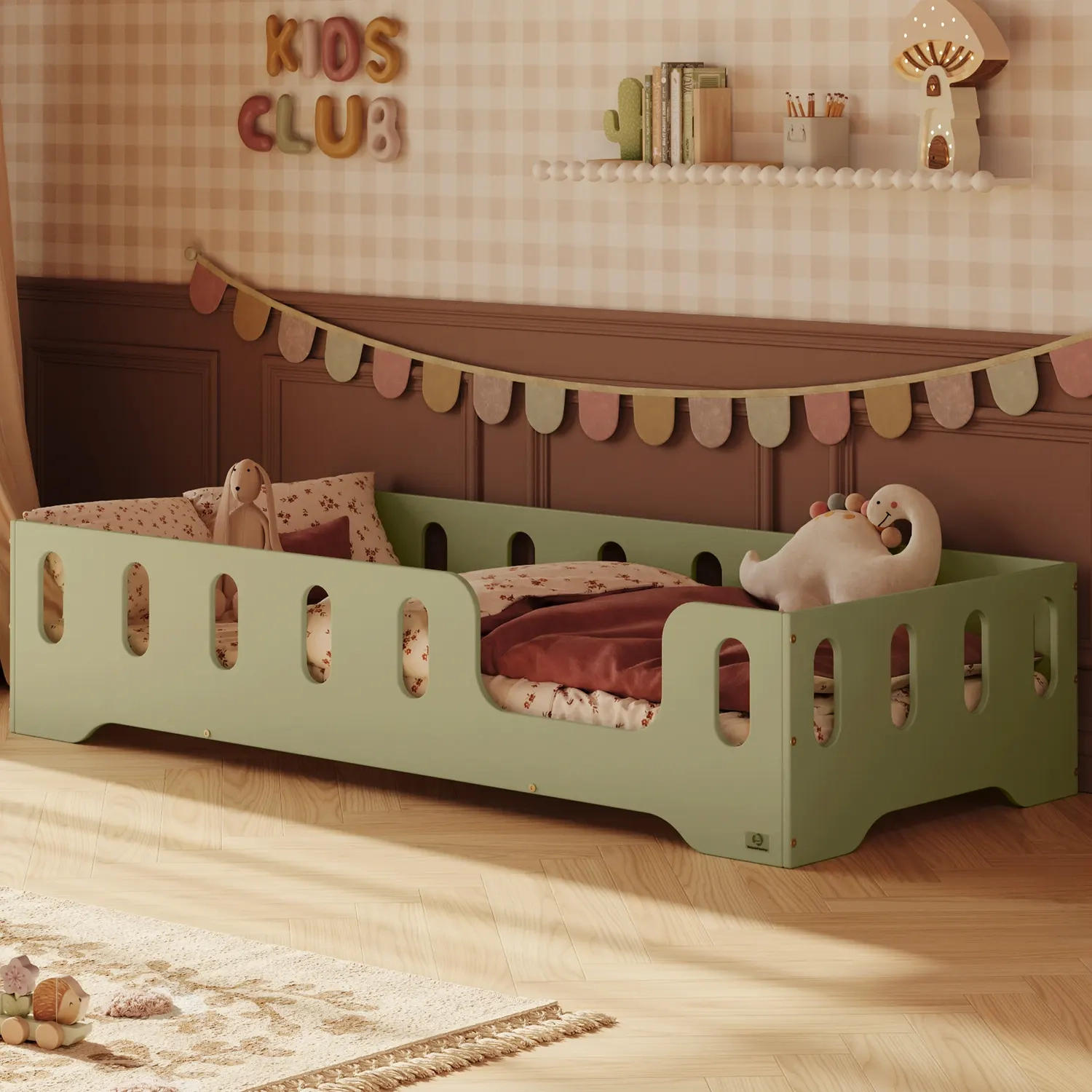 Einzelbett für Kinder mit Rausfallschutz und Lattenrost TILA 2 Montessori Holz, - Grün, 90x190 | Smartwood