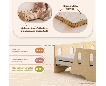 Einzelbett für Kinder mit Rausfallschutz und Lattenrost TILA 2 Montessori Holz