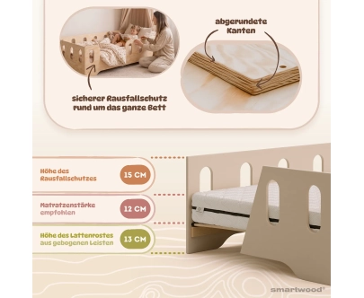 Einzelbett für Kinder mit Rausfallschutz und Lattenrost TILA 2 Montessori Holz