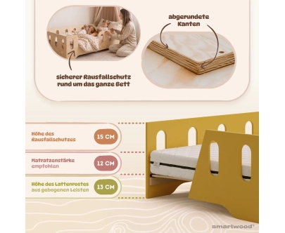 Einzelbett für Kinder mit Rausfallschutz und Lattenrost TILA 2 Montessori Holz