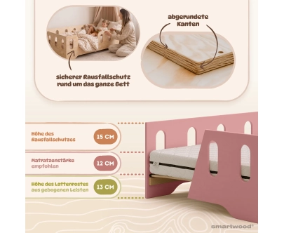 Einzelbett für Kinder mit Rausfallschutz und Lattenrost TILA 2 Montessori Holz