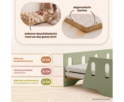 Einzelbett für Kinder mit Rausfallschutz und Lattenrost TILA 2 Montessori Holz