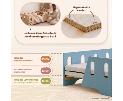 Einzelbett für Kinder mit Rausfallschutz und Lattenrost TILA 2 Montessori Holz