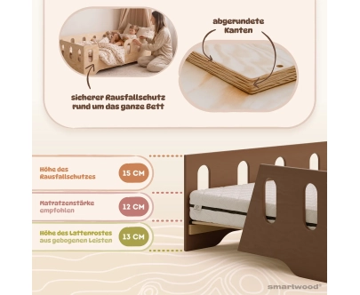 Einzelbett für Kinder mit Rausfallschutz und Lattenrost TILA 2 Montessori Holz
