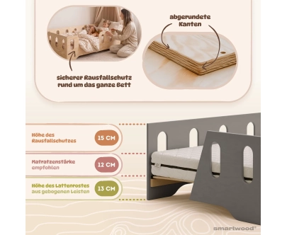 Einzelbett für Kinder mit Rausfallschutz und Lattenrost TILA 2 Montessori Holz