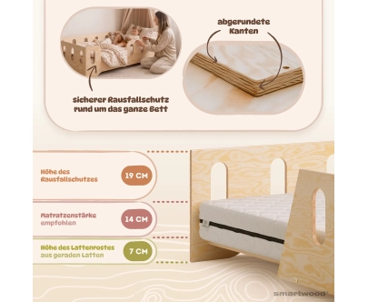 Einzelbett für Kinder mit Rausfallschutz und Lattenrost TILA 2 Montessori Holz