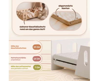 Einzelbett für Kinder mit Rausfallschutz und Lattenrost TILA 2 Montessori Holz