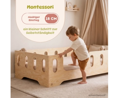 Einzelbett für Kinder mit Rausfallschutz und Lattenrost TILA 2 Montessori Holz