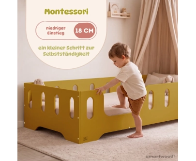 Einzelbett für Kinder mit Rausfallschutz und Lattenrost TILA 2 Montessori Holz