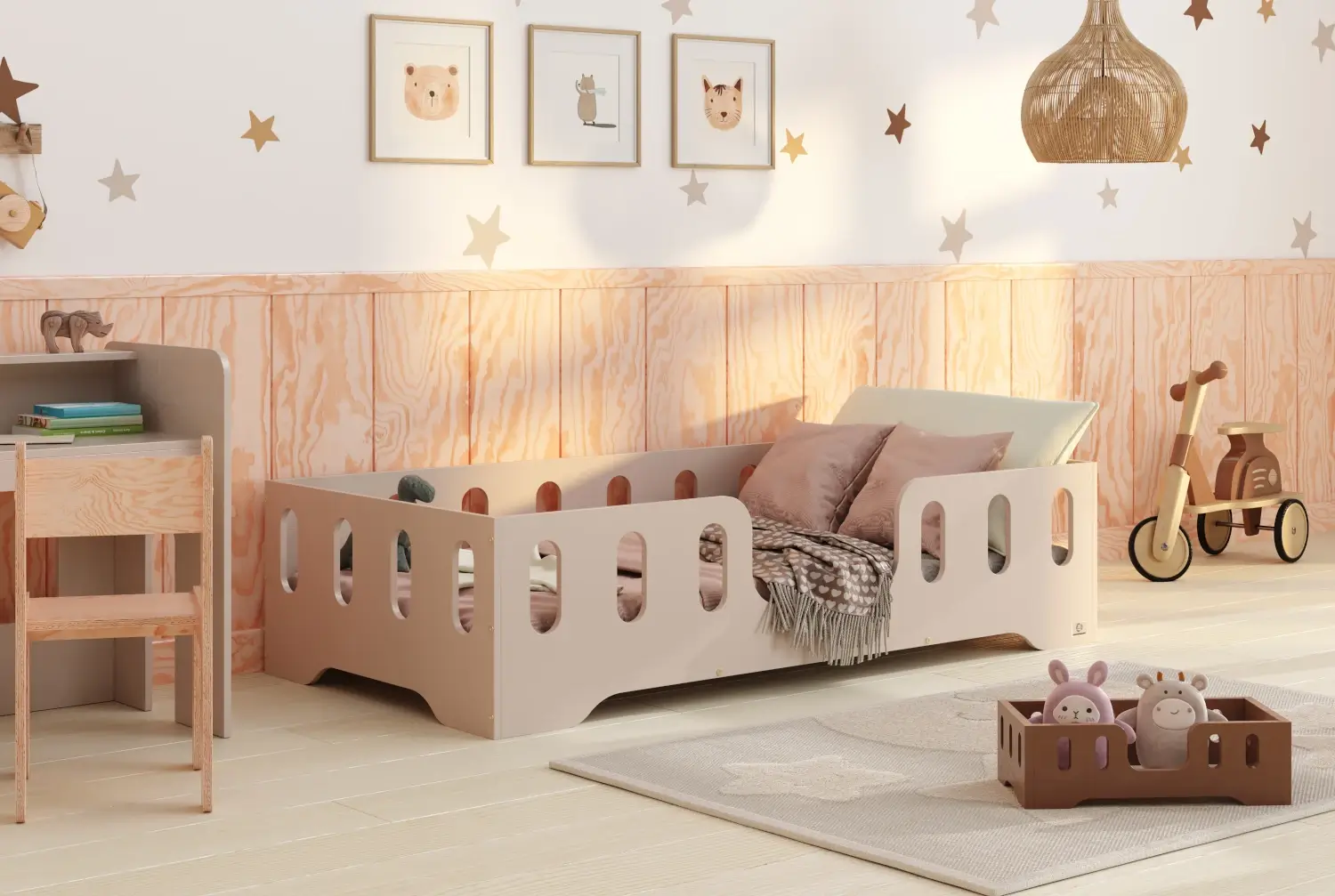 Einzelbett für Kinder mit Rausfallschutz und Lattenrost TILA 2 Montessori Holz