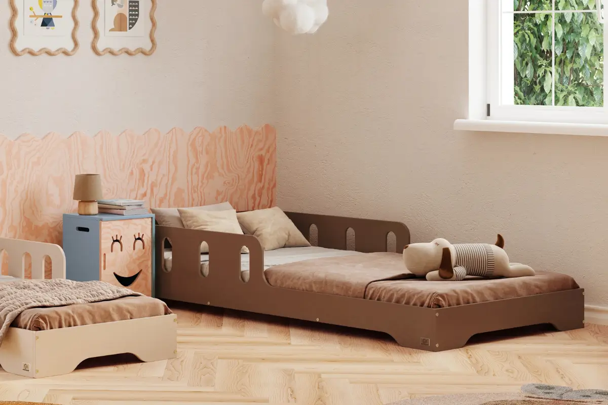 Einzelbett für Kinder mit Rausfallschutz und Lattenrost TILA 6 Montessori Holz 120x180 Schocko