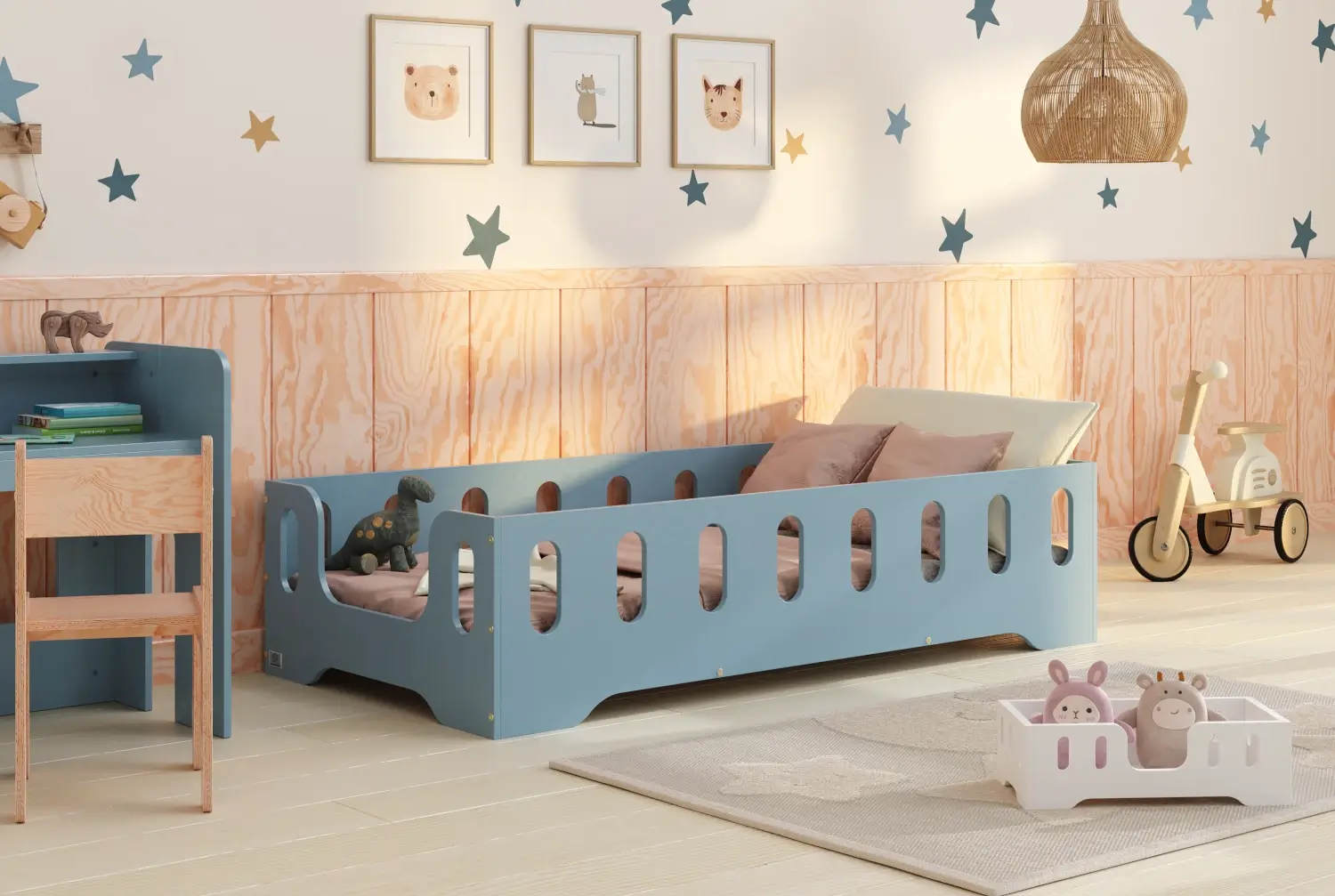 Einzelbett für Kinder mit Rausfallschutz und Lattenrost TILA 2 Montessori Holz