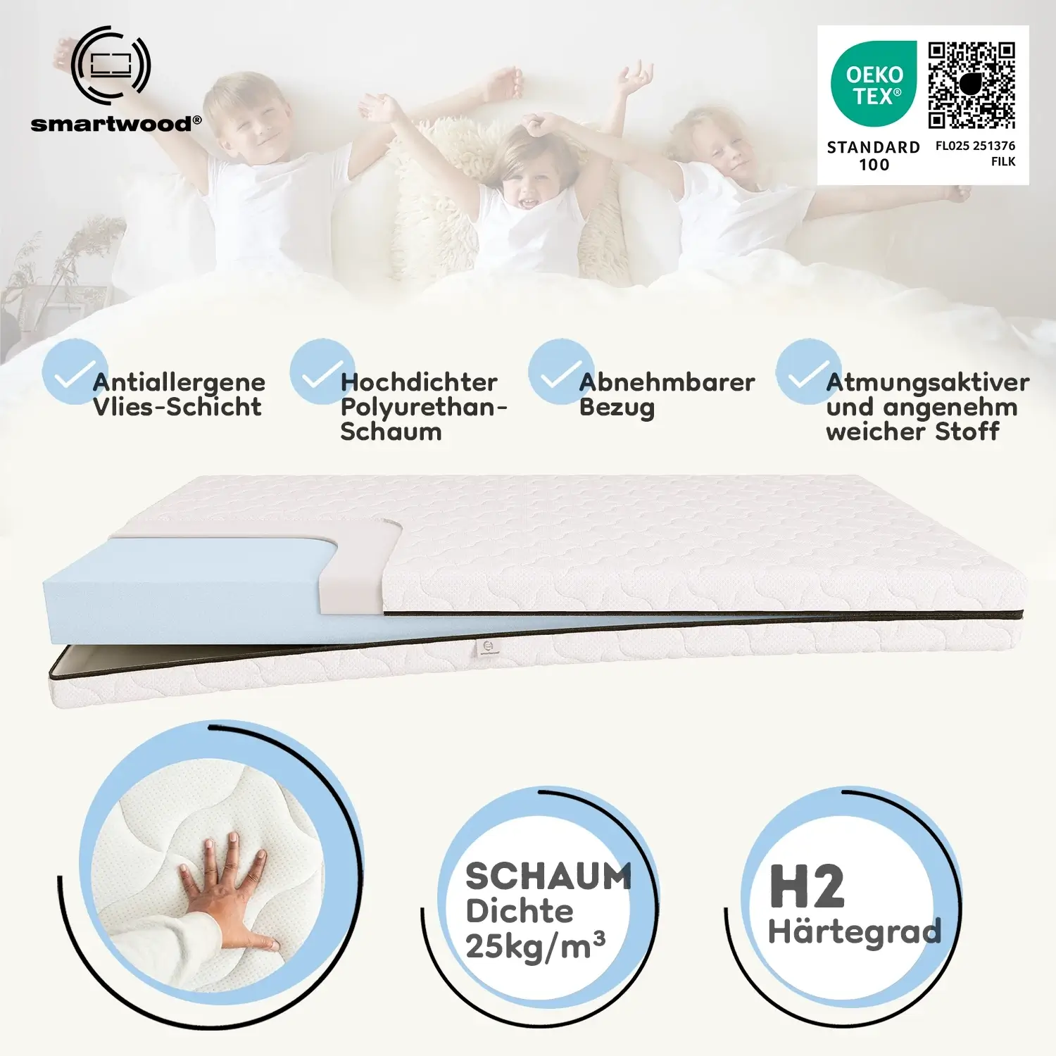 Schaumstoffmatratze für Kinder 12 cm mittlerer Härtegrad (H2)