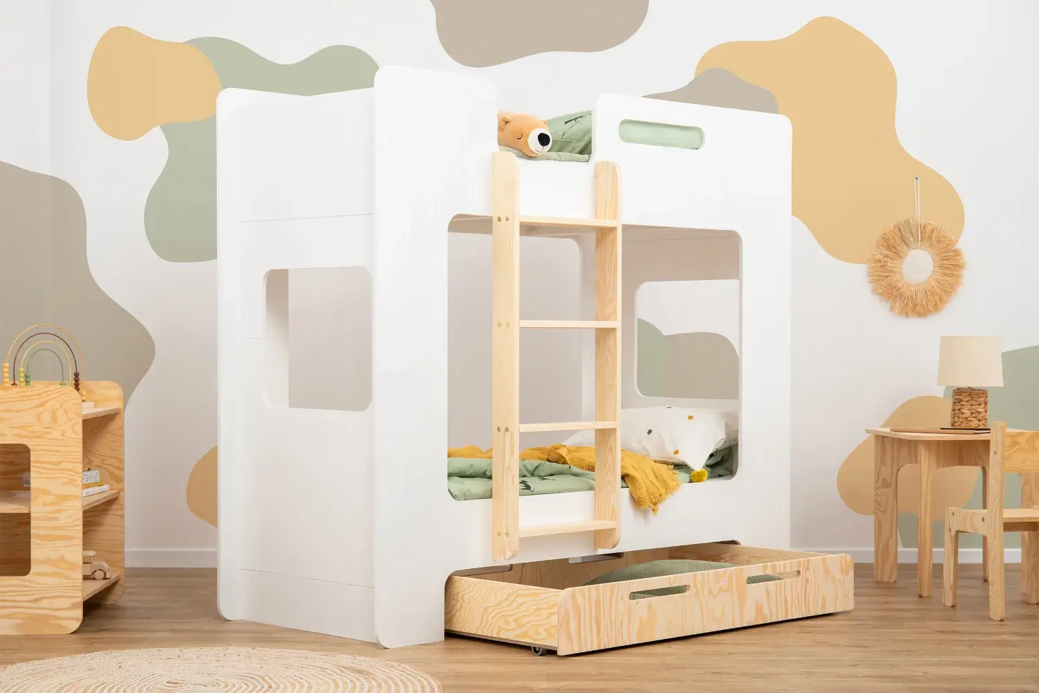 Etagenbett für Kinder mit Schublade und Lattenrost MIMI D Montessori Holz