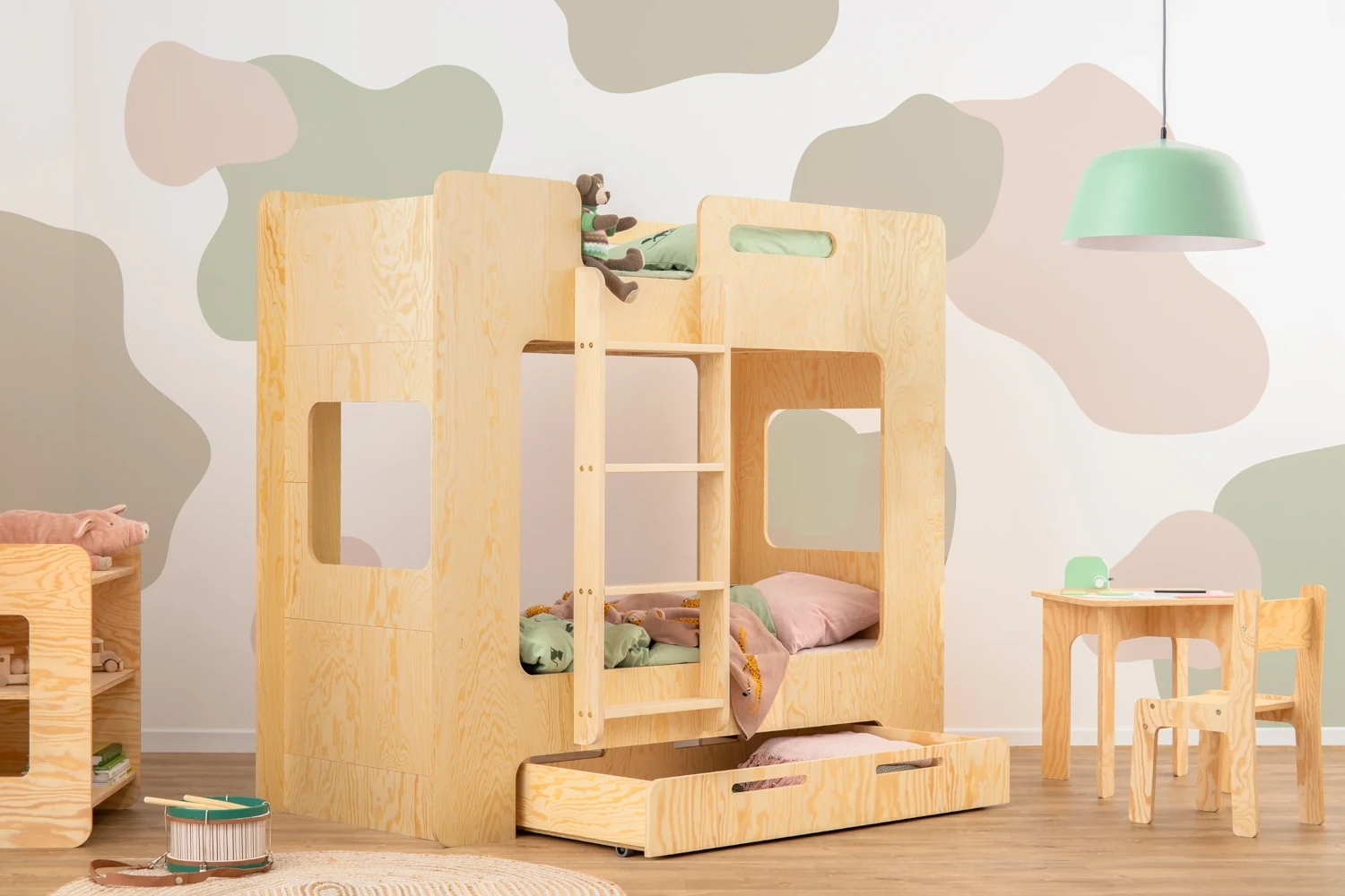 Etagenbett für Kinder mit Schublade und Lattenrost MIMI D Montessori Holz