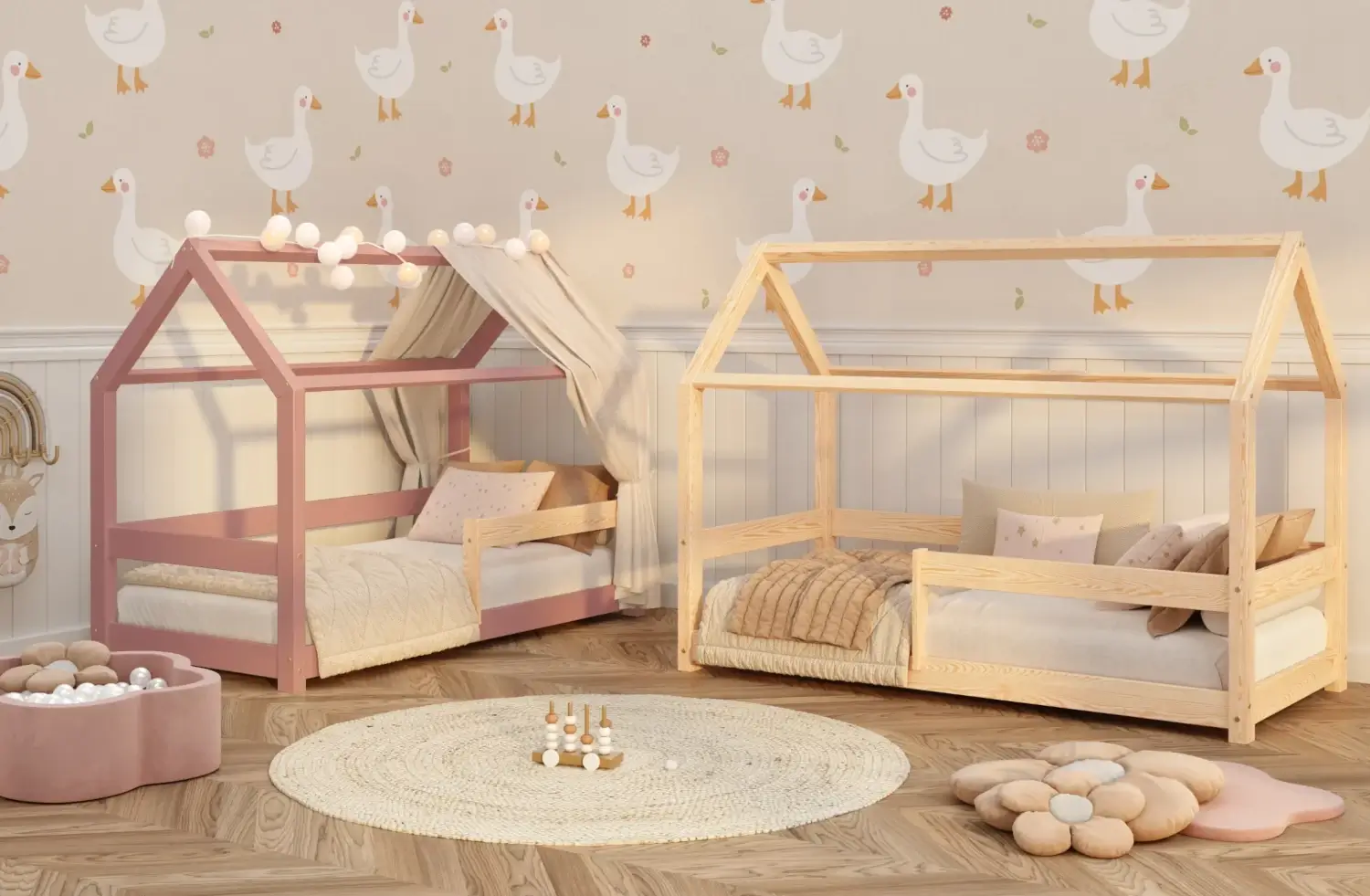 Hausbett für Kinder mit Rausfallschutz und Lattenrost MILO Montessori Holz