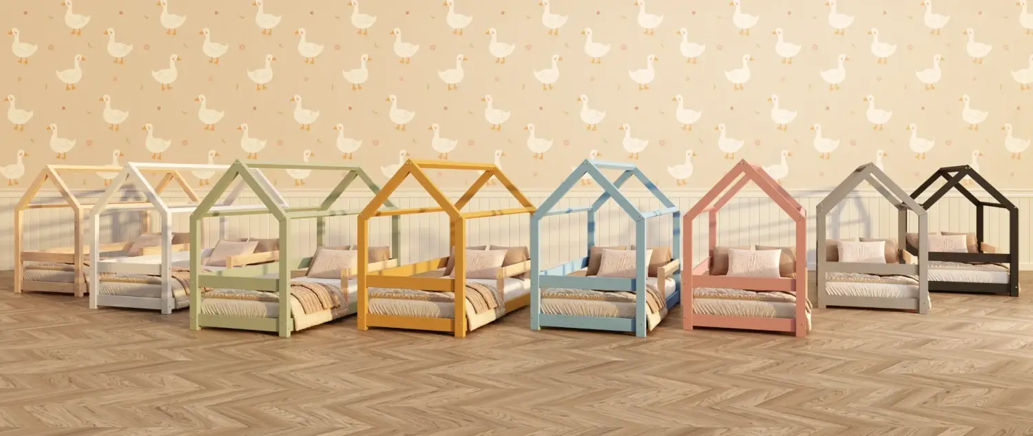 Hausbett für Kinder mit Rausfallschutz und Lattenrost MILO Montessori Holz