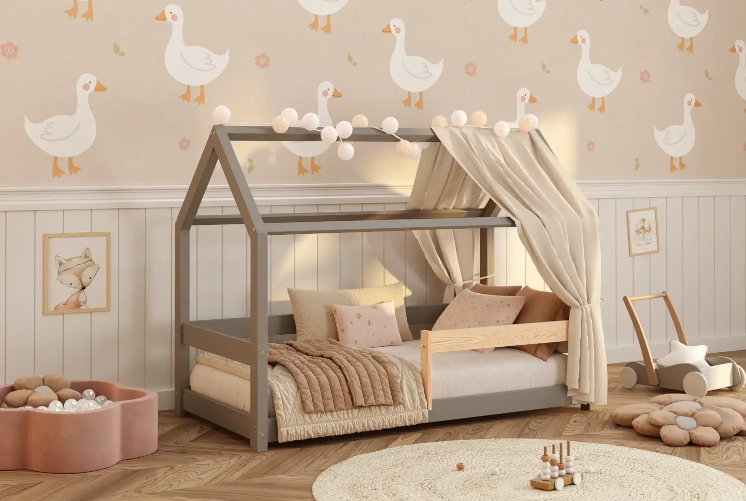 Hausbett für Kinder mit Rausfallschutz und Lattenrost MILO Montessori Holz