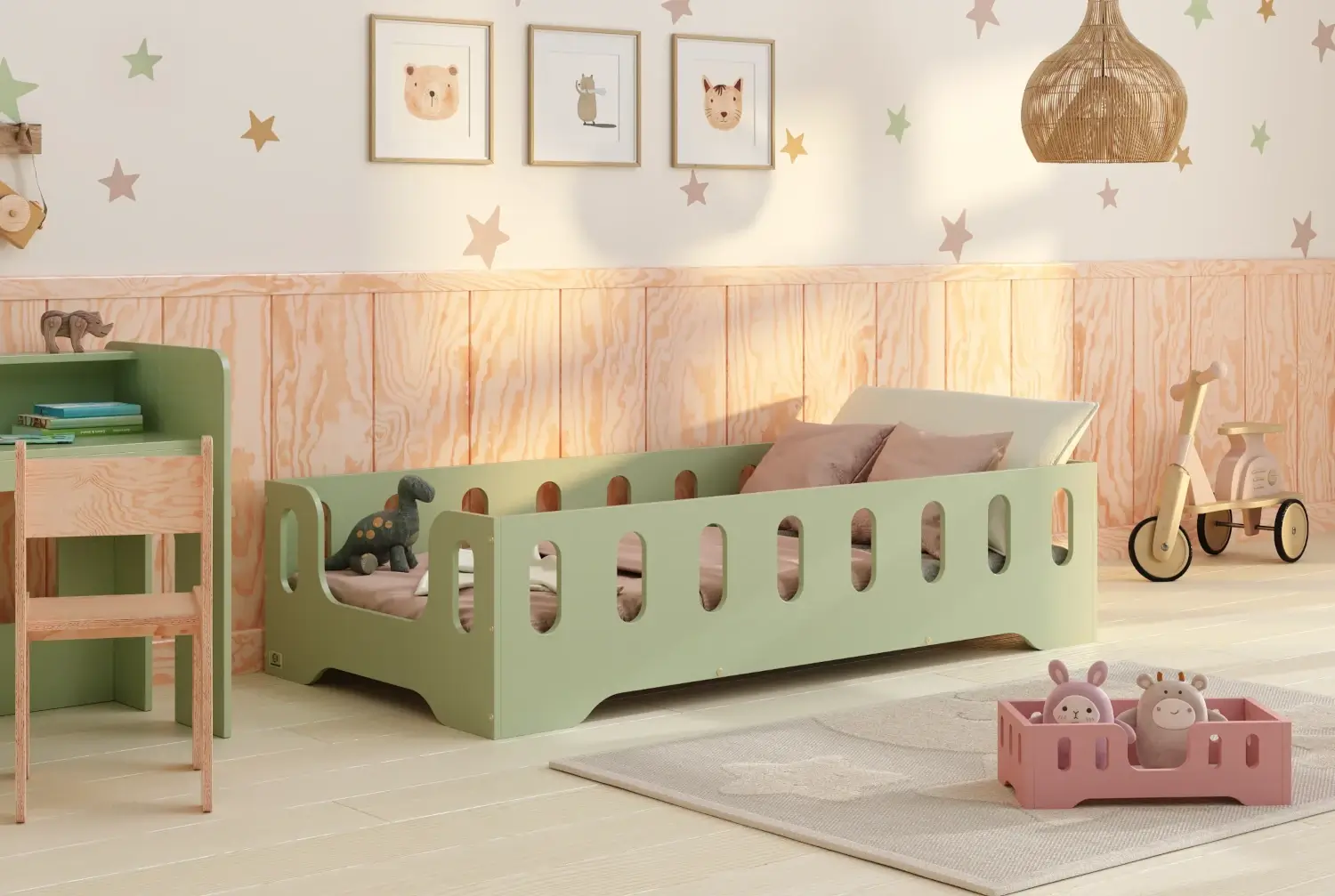 Einzelbett für Kinder mit Rausfallschutz und Lattenrost TILA 2 Montessori Holz