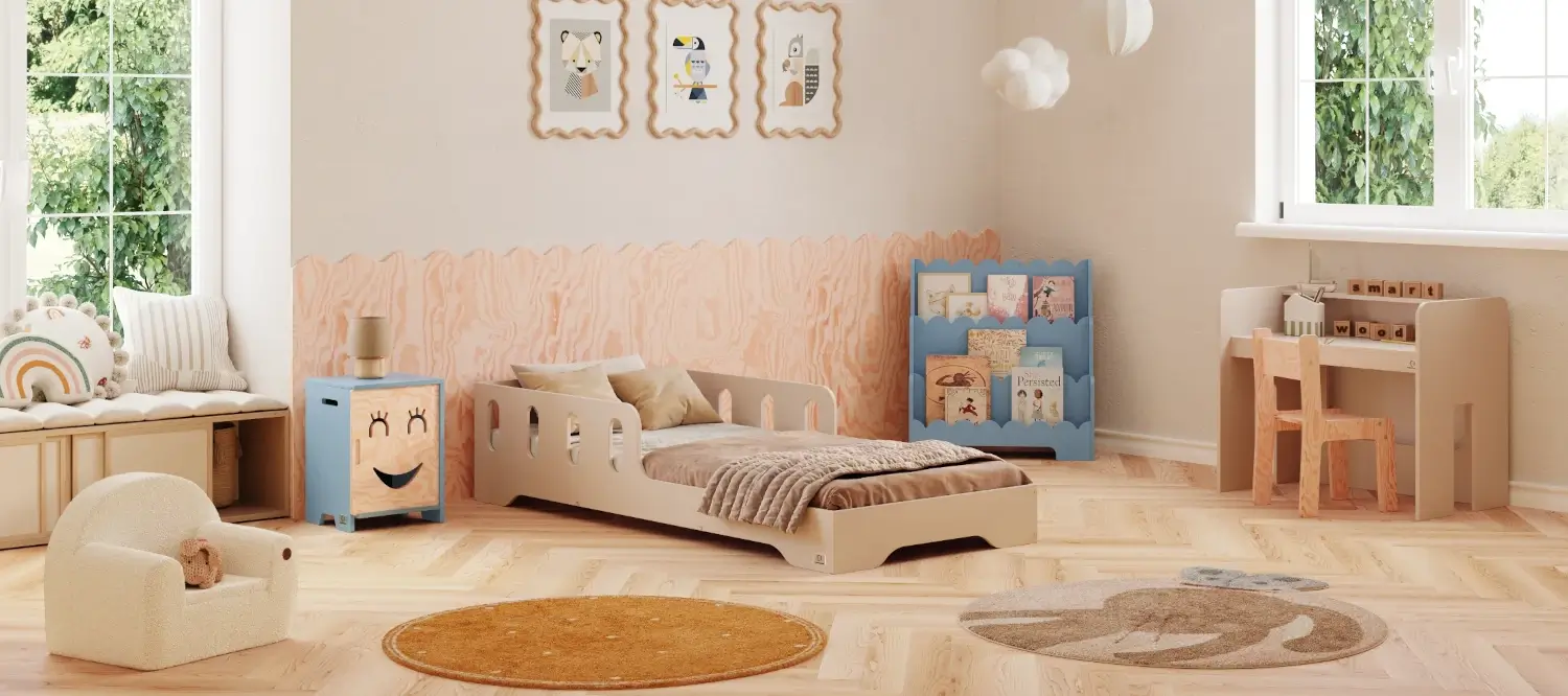 Einzelbett für Kinder mit Rausfallschutz und Lattenrost TILA 6 Montessori Holz