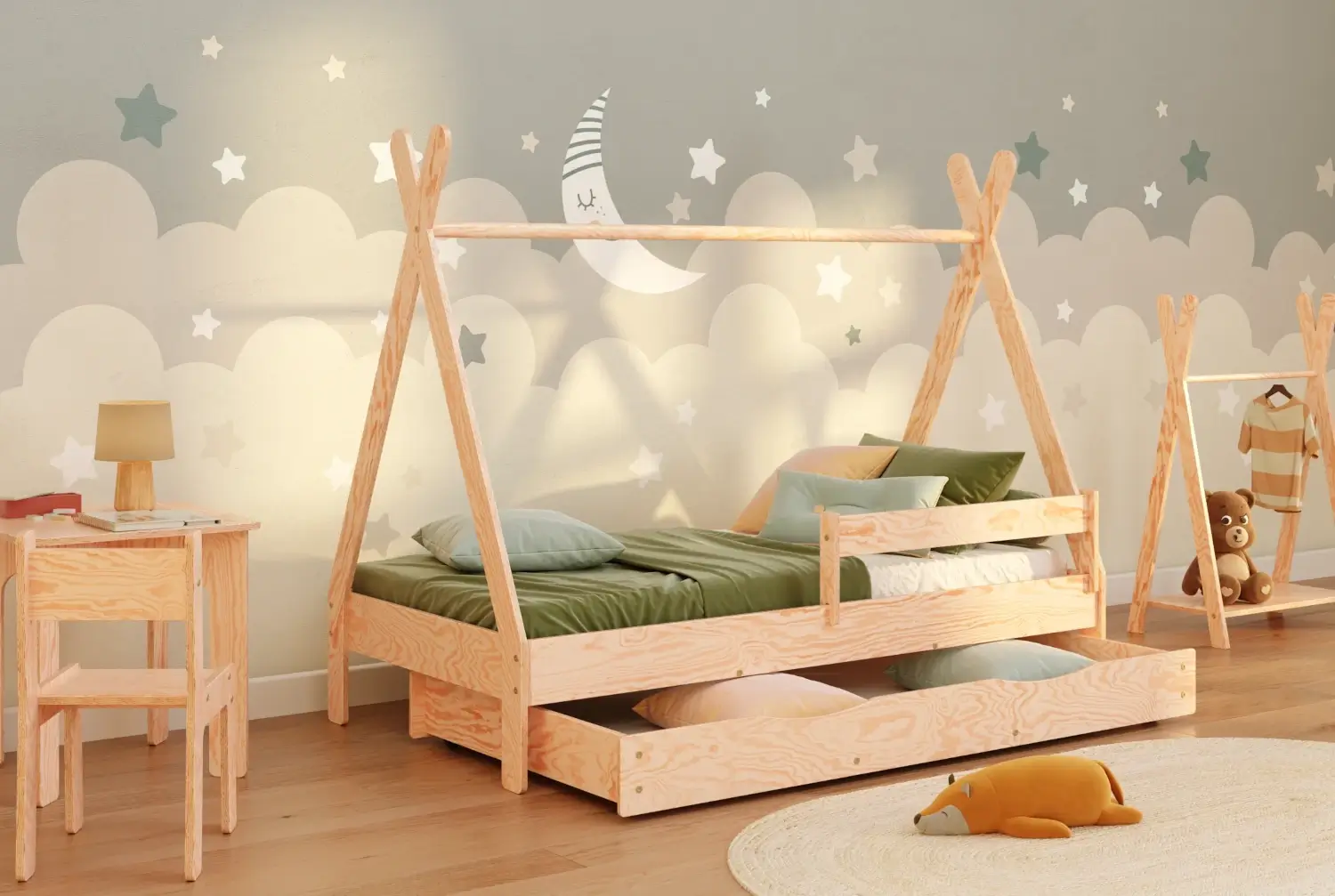 Hausbett für Kinder mit Schublade, Rausfallschutz und Lattenrost TIPI D Montessori Holz