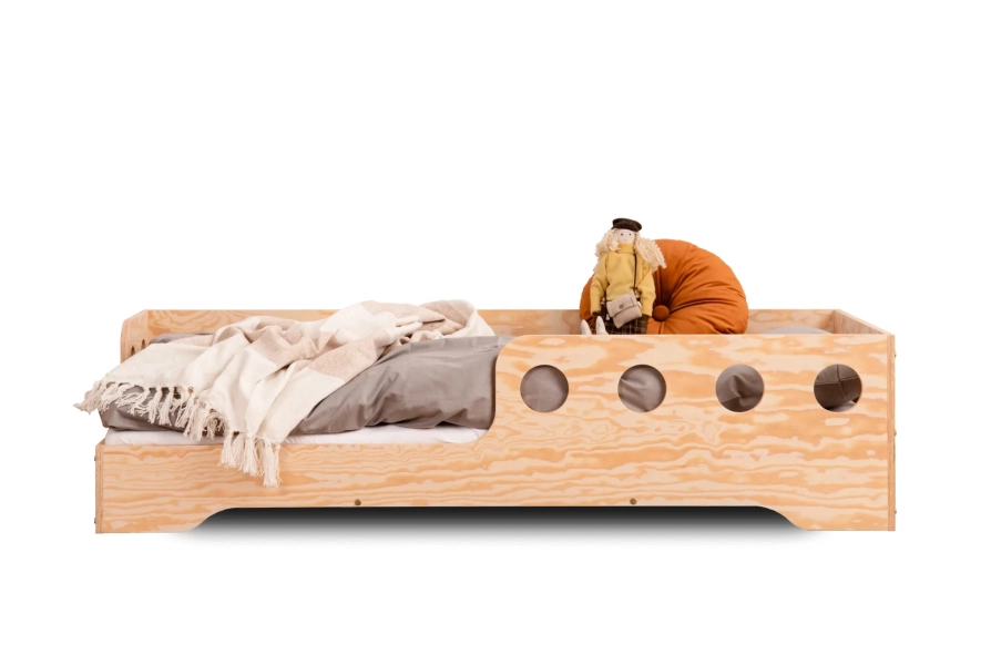 Einzelbett für Kinder mit Rausfallschutz und Lattenrost TILA 5 Montessori Holz (Wähle die Größe: 90x200 - Wähle die Farbe: Blau - Wähle die Einstiegsseite : Rechts)