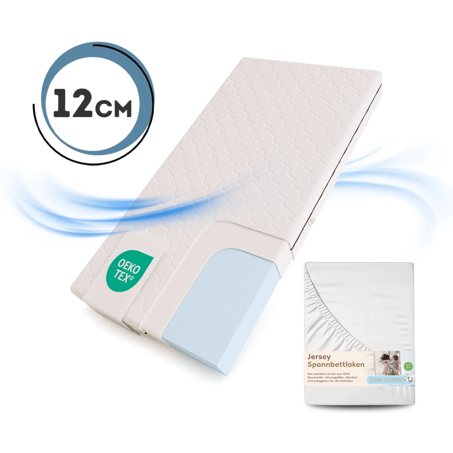 Set Schaumstoffmatratze 12 cm mit Bettlaken für Kinder mittlerer Härtegrad (H2) (Wähle die Größe: 90x190)