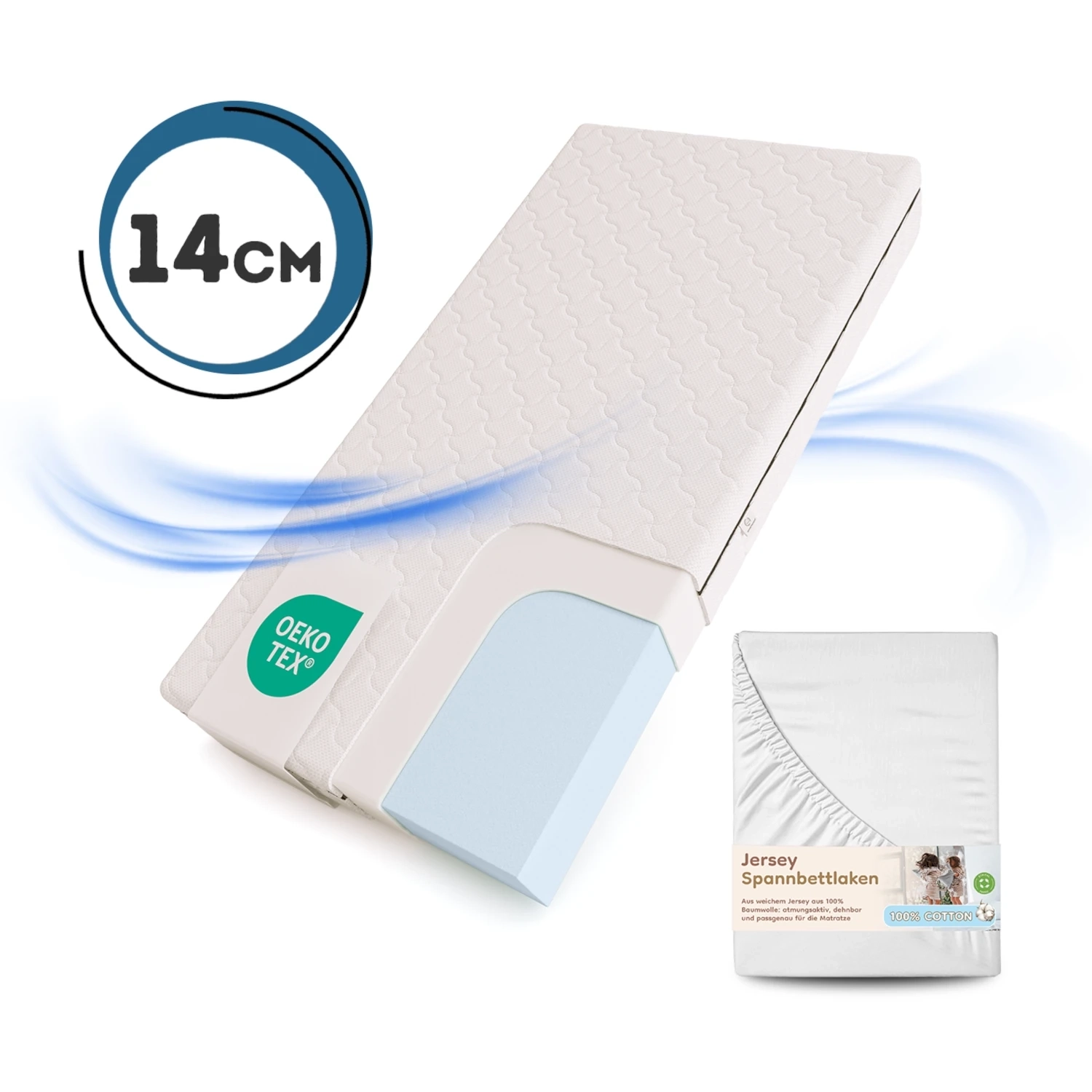 Set Schaumstoffmatratze 14 cm mit Bettlaken für Kinder mittlerer Härtegrad (H2) - Größe XL (Wähle die Größe: 120x180 XL)