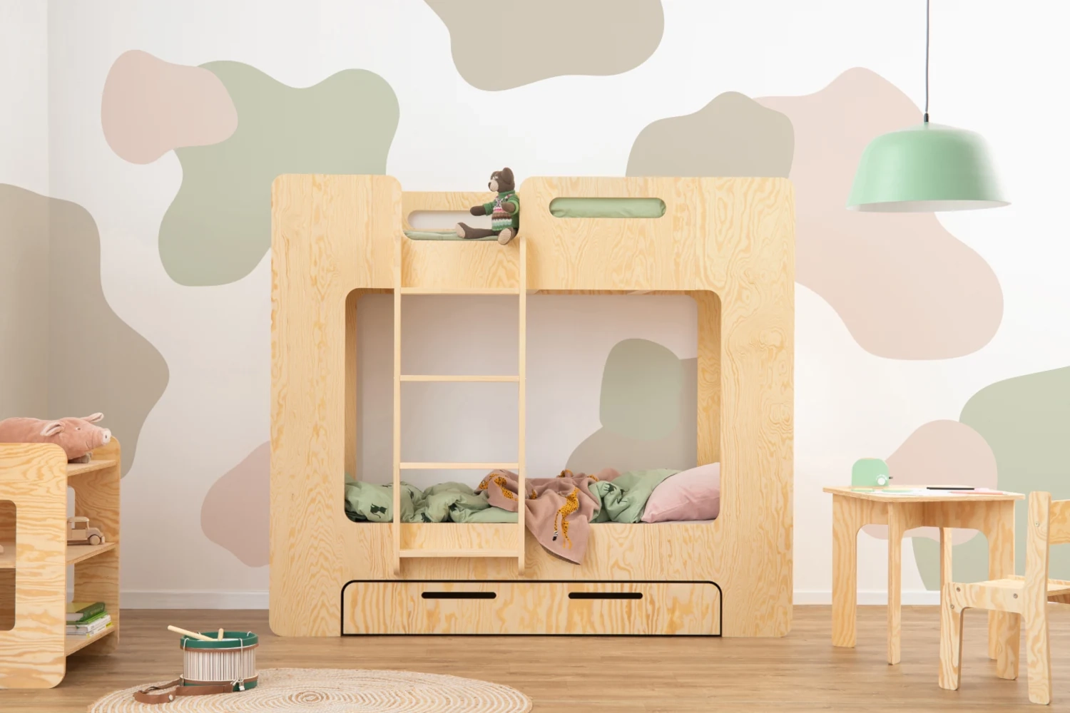 Etagenbett für Kinder mit Schublade und Lattenrost MIMI D Montessori Holz (Wähle die Größe: 90x200 - Wähle die Farbe: Kaschmir - Wähle die Leiterposition: Rechts - Wähle die Schubladenfunktion: LAGERUNG Funktion - in Farbe des Bettes)