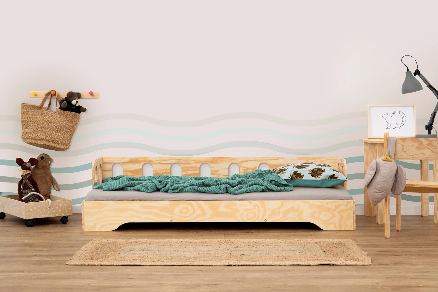 Einzelbett für Kinder mit Rausfallschutz und Lattenrost Sofa TILA 1S Montessori Holz (Wähle die Größe: 90x200 - Wähle die Farbe: Blau)