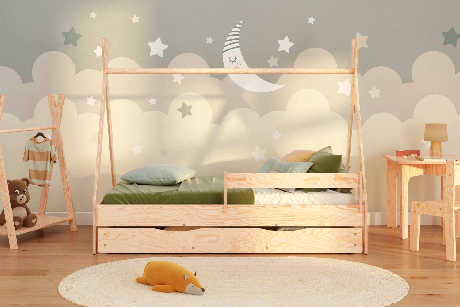 Hausbett für Kinder mit Schublade, Rausfallschutz und Lattenrost TIPI D Montessori Holz (Wähle die Größe: 80x160 - Wähle die Farbe: Rosa - Wähle die Schubladenfunktion: LAGERUNG Funktion - in Farbe des Bettes)