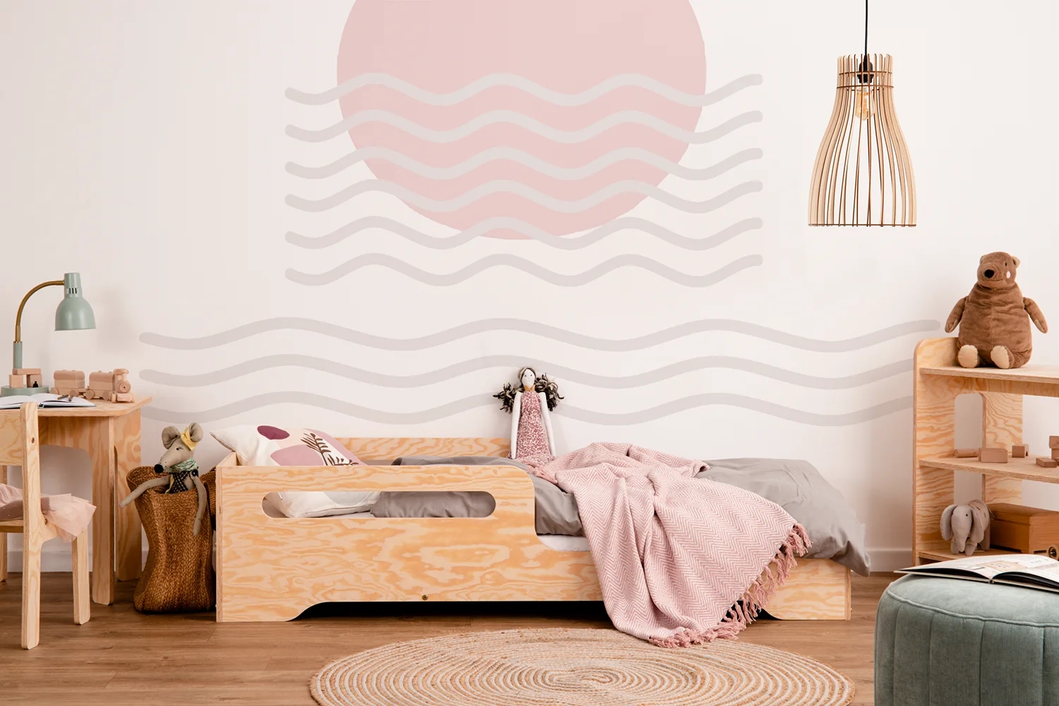 Einzelbett für Kinder mit Rausfallschutz und Lattenrost TILA 3 Montessori Holz (Wähle die Größe: 140x200 XL - Wähle die Farbe: Rosa)