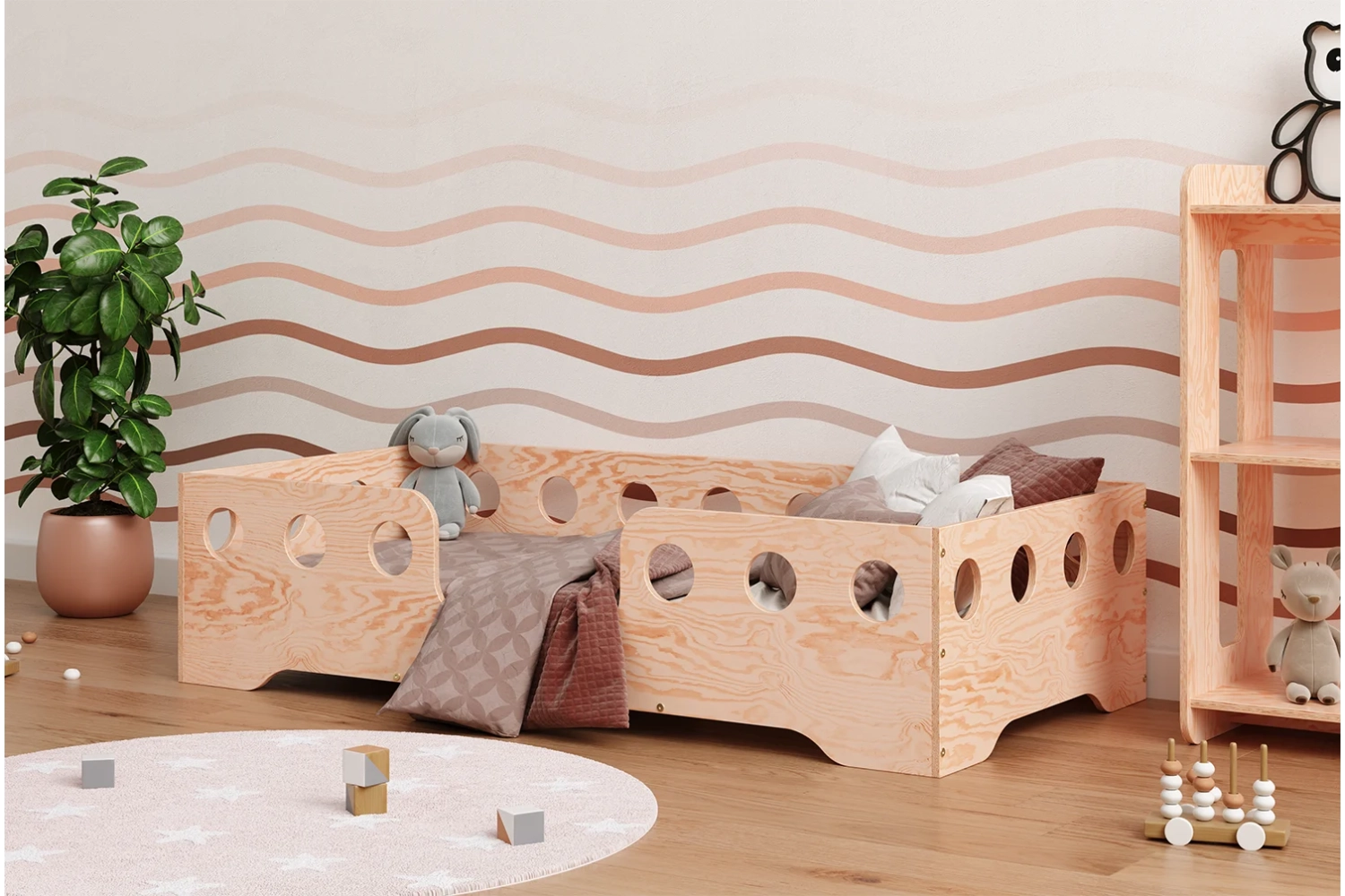 Einzelbett für Kinder mit Rausfallschutz und Lattenrost TILA 4 Montessori Holz (Wähle die Größe: 90x200 - Wähle die Farbe: Senfgelb - Wähle die Einstiegsseite: Seite)