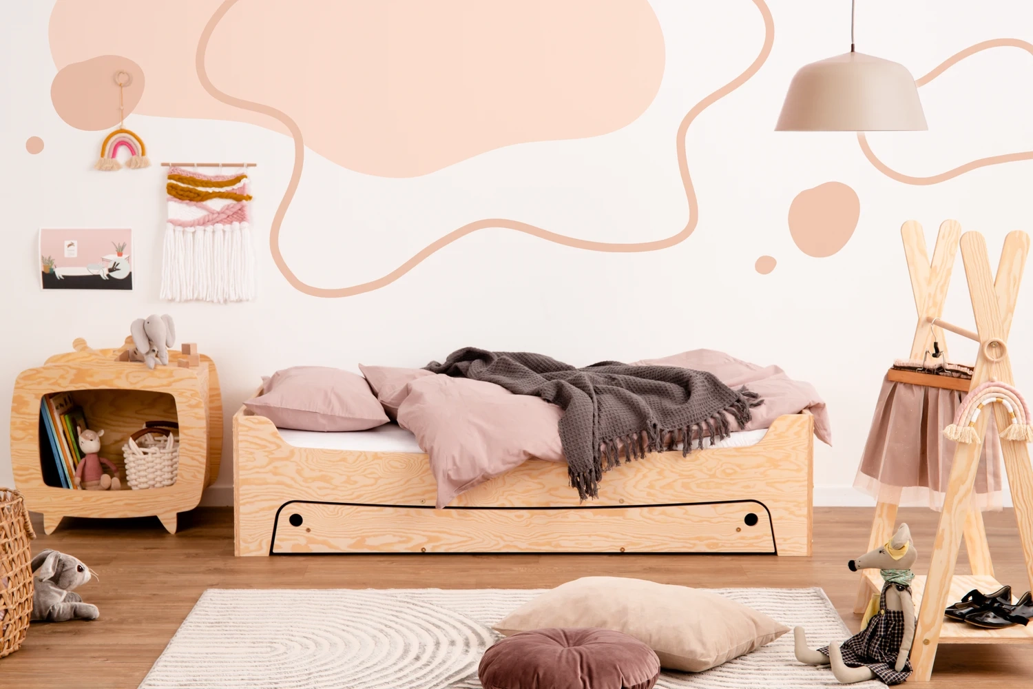 Kinderbett mit Schublade und Lattenrost TILA 10 Montessori Holz (Wähle die Größe: 90x200 - Wähle die Farbe: Weiß - Wähle die Schubladenfunktion: LAGERUNG Funktion - in Farbe des Bettes)