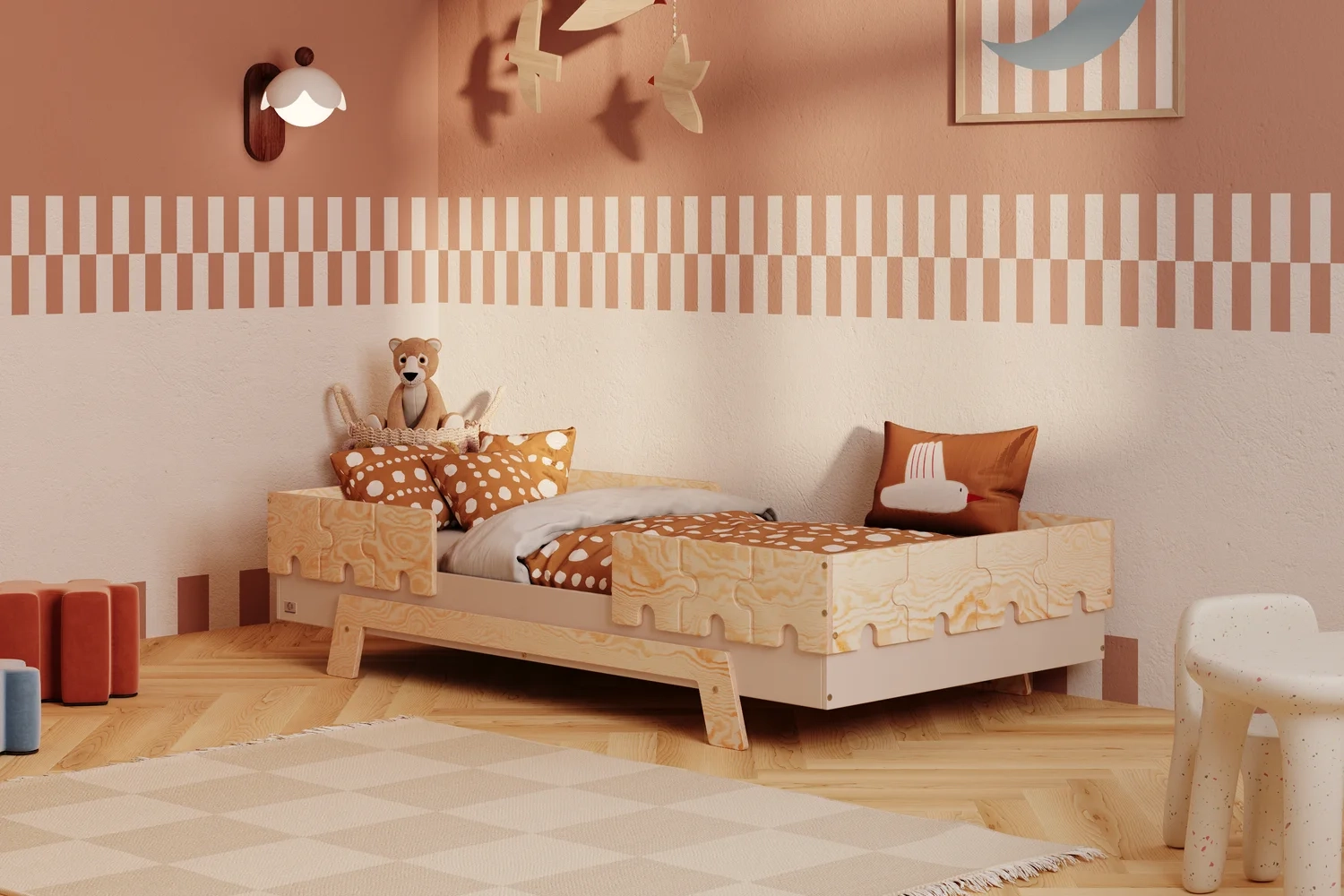 Einzelbett für Kinder mit Rausfallschutz und Lattenrost PUZZLE BR2 Montessori Holz (Wähle die Größe: 80x160 - Wähle die Farbe: Rosa)