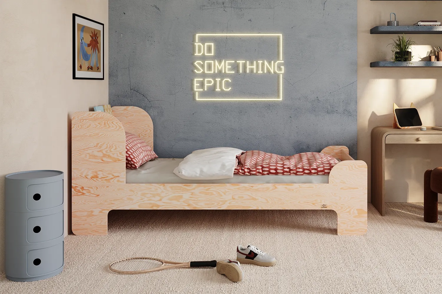 Einzelbett für Kinder und Jugendliche mit Ablage und Lattenrost FLOU Klassisch Holz (Wähle die Größe: 90x200 - Wähle die Farbe: Grün)